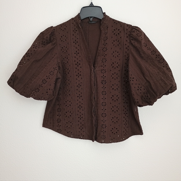 Zara Dark Brown Eyelet Puff-Sleeve Blouse - Picture 2 of 7